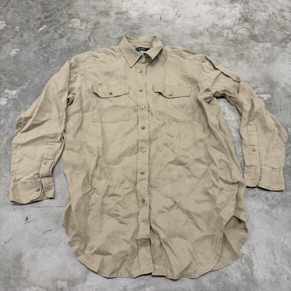 Ralph Lauren Womens Small Beige Solid Button Up Long Sleeve Shirt Pocket Linen - Picture 1 of 6